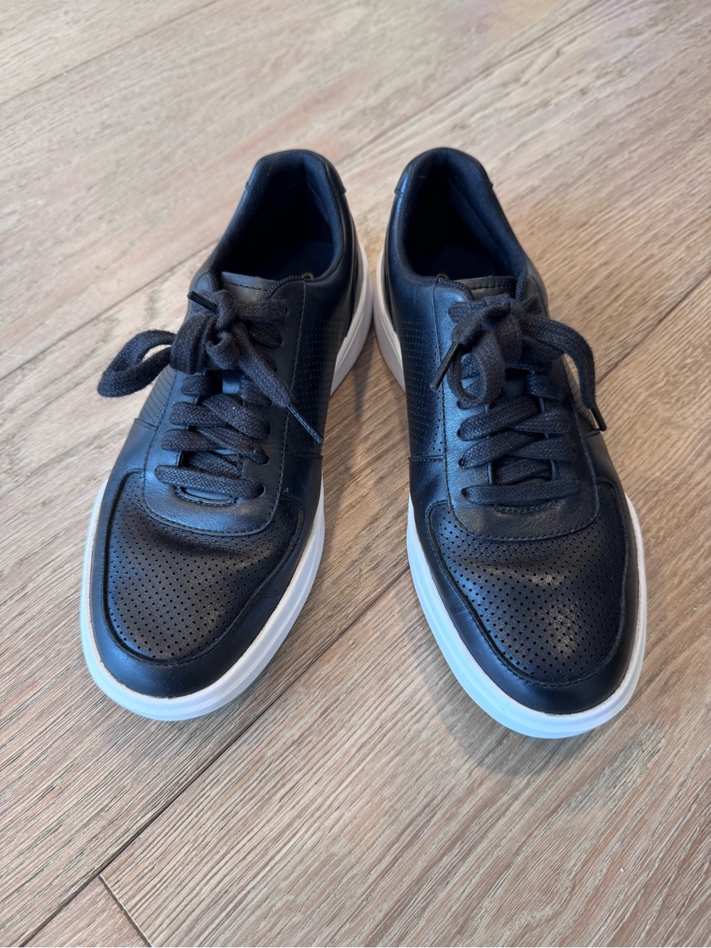 Cole Haan Men’s Black Leather Perforated Lace-Up Sneakers with White Sole